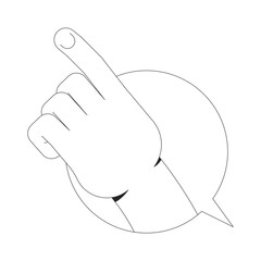 Poster - Hand pointing upward inside circular speech bubble outline illustration. Guidance, instruction. Gesture communication chat box isolated 2D vector image black and white. Linear drawing clip art