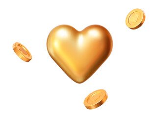 Aufkleber - 3d golden heart with flying coin. Romantic emoji, neon love symbol or icon, Valentine's day. Stock vector illustration on isolated background