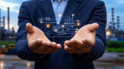 Poster - Innovative technology concept with hands holding digital data visualization and factory