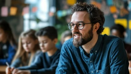 Aufkleber - A teacher interacts with students in a modern classroom while using a smart AI-powered assistant to enhance learning