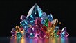 © Hataf - Hyper realistic rainbow opaque sparkling crystals in air with light reflecting on water with black background minimalist