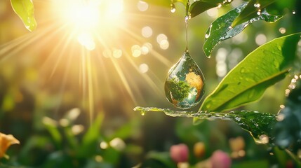 Poster - Isolated water drop resembling Earth on a leaf, with sunbeams to portray hope and environmental balance