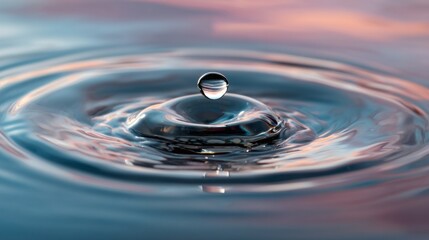Poster - A single droplet descends gracefully onto a calm body of water, sending elegant ripples outward. The enchanting colors of dusk reflect beautifully, enhancing the serene atmosphere