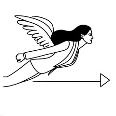 Poster - Businesswoman figure with wings soaring forward in dynamic outline design, vector one line outline