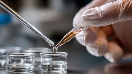 Poster - In a modern laboratory, a skilled scientist delicately handles a pipette during a complex experiment. Pristine white gloves ensure safety and accuracy as solutions are prepared for analysis