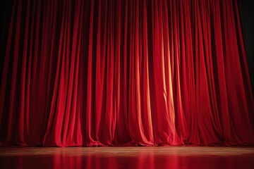 Poster - A stage with red velvet curtains and a wooden floor illuminated by a single spotlight center stage