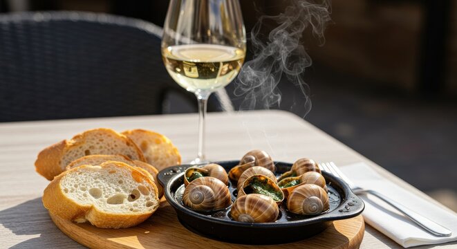 Associative serving of escargots with French baguette and white wine, bright lighting, free space on the right for a slogan.
