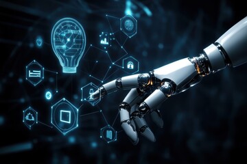 Poster - Robotic hand interacting with glowing interface icons in a dark digital environment setting scene