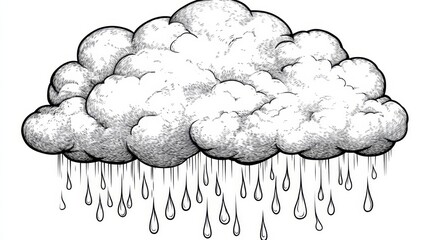 Wall Mural - outline vector drawing. single cumulus cloud with raindrops. coloring book illustration.