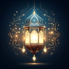 traditional eid lantern with gold and blue glow