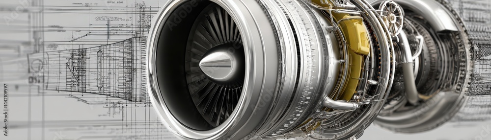 A modern jet engine is overlaid on technical engineering blueprints ...