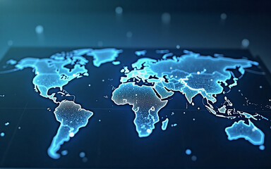 Poster - a glowing, digital world map displayed on a dark, futuristic surface, highlighting global connectivi