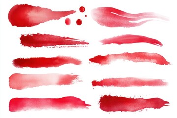 Poster - A collection of red watercolor brush strokes and dots on a white background artistic design element