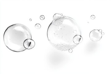 Poster - A collection of transparent spheres and bubbles floating on a white background surface area view