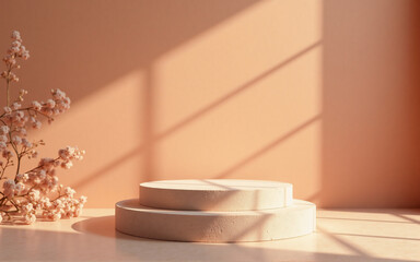 Aufkleber - a minimalist scene features a two-tiered, pale-pink pedestal bathed in warm sunlight against a peach