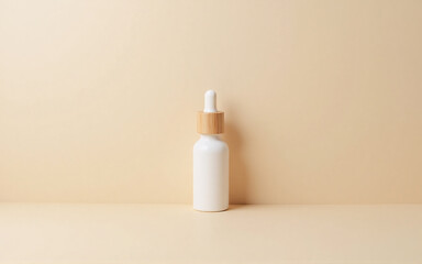Aufkleber - a white glass bottle with a wooden dropper top stands against a pale beige background. minimalist pr