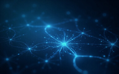 Aufkleber - Abstract depiction of a neural network, glowing nodes interconnected by luminous pathways, suggesting complex communication and information processing.  Deep blue hues create a sense of depth and myst