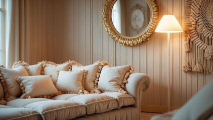 Poster - Trendy wooden dwelling. Attractive bohemian design with a light sofa and fringed throw pillows
