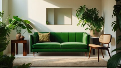 Poster - Trendy living room decor with a fashionable sofa, greenery, and an armchair