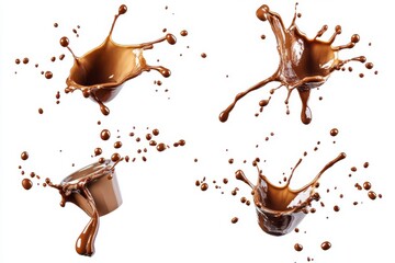 Poster - Four chocolate splashes with droplets on a white background in a studio shot for advertising use