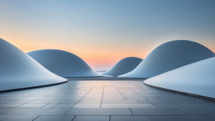 Poster - Curved building of contemporary art alongside an empty square against a bright blue sky.