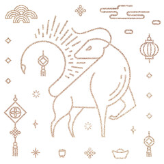 Wall Mural - chinese ox year png gold design elements set