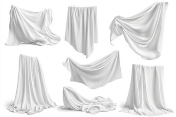 Poster - Collection of draped white cloth in various styles and shapes on a white background studio shot
