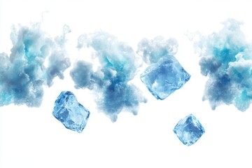 Poster - Floating ice cubes with blue smoke effect on a white background in a studio shot scene