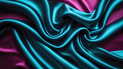Poster - Silk satin background in black and blue with ample space for text or product display, showcasing soft wavy folds on shiny fabric against a rich magenta backdrop