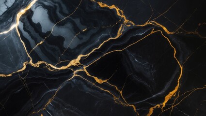 Poster - High-gloss black marble with golden veins, abstract textures in black, white, and gold for digital wall tile design.