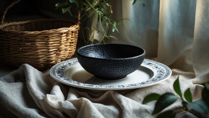 Poster - Black ceramic plate with texture alongside a white ceramic plate with decorative border, fabric, and plant in the background