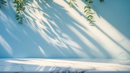 Poster - White Marble Table Corner Accompanied by Light Beam, Shadow, and Spotlight in Background, Suitable for Product Presentation, Display, and Mock-up.