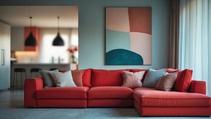 Poster - Chic living room interior with a blurred background featuring a sofa, colorful artwork, and walls, emphasizing a stylish and inviting ambiance