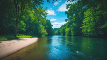 Poster - Gently flowing river beside vibrant green trees reflects the bright blue sky, offering a peaceful scene for relaxation and harmony with nature.