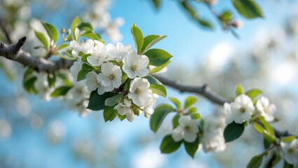 Poster - Close-up shot of white flowering apple tree branches amidst green leaves, stunning floral garden background, nature, border frame, room for content