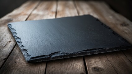 Poster - Detailed view of a black slate board on a wooden tabletop. Natural texture suitable for food backgrounds.