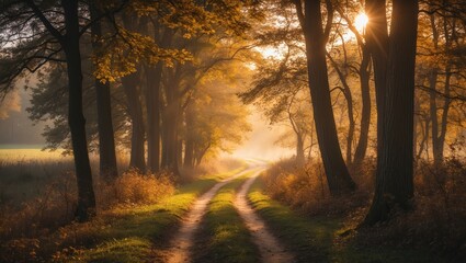 Poster - Lovely autumn scenery calls for a walk on a hazy footpath in the woods with shafts of sunlight
