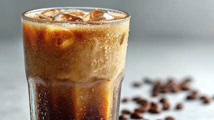 Poster - a glass of iced coffee on a white isolated background, condensation visible and bright light