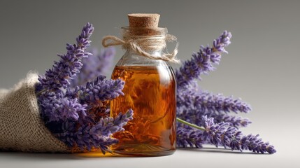 Poster - a bottle of essential lavender oil on a white isolated background, calming and natural light