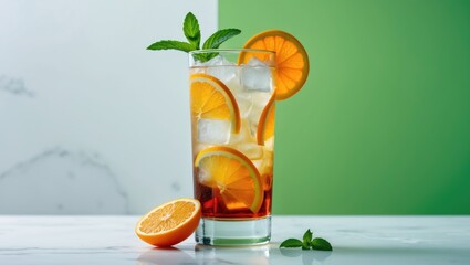 Poster - Long Island iced tea cocktail served in a highball glass containing vodka, rum, tequila, gin, liquor, lemon juice, cola, and ice, garnished with mint and a lemon slice.