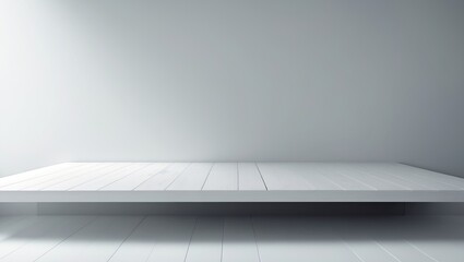 Aufkleber - Vacant white wooden tabletop, desk against a backdrop, wooden surface for displaying products, white counter, shelf for food promotional banner, background