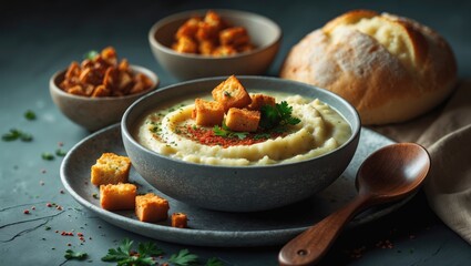 Aufkleber - A bowl filled with mashed potato soup puree, decorated with croutons, parsley, and red pepper, next to a spoon on the plate.