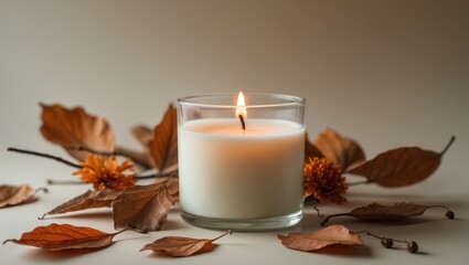 Poster - Warm vanilla candle lit on autumn background featuring dry leaves and flowers, representing home comfort, spa, and wellness in interior decoration