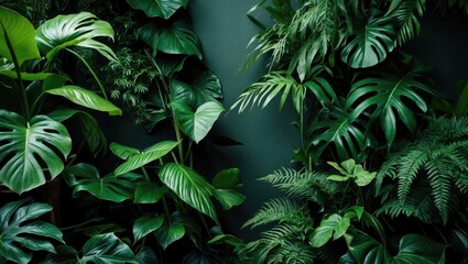 Aufkleber - Dark green wall adorned with tropical jungle green leaves, ferns, and palms, creating a horizontal nature floral forest plant pattern background