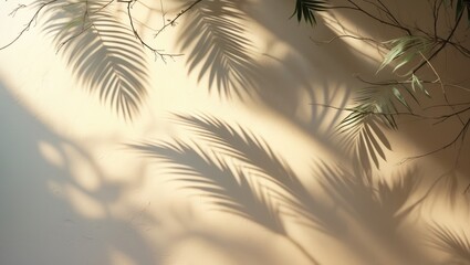 Poster - Nature's light and shadows from leaves on a blurred wall background. Tropical tree branches casting shade for wallpaper and design.