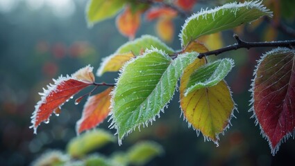 Aufkleber - A cool frost on the edges of tree branch leaves. The leaves show a range of colors, from green to red, marking the transition from summer to autumn.