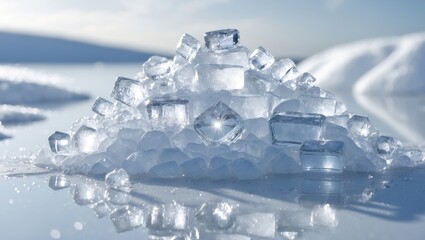 Poster - Transparent mound of crushed ice, featuring melting ice cubes against a reflective background.