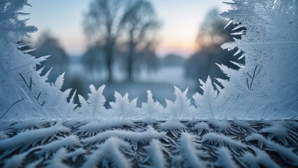 Aufkleber - Chilled window embellished with intricate frost motifs and a blurred landscape beyond.