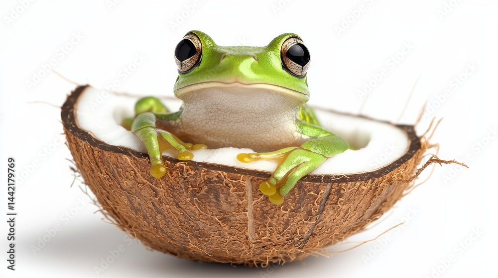 Green Frog Sitting Inside a Coconut Shell on a Plain White Background ...