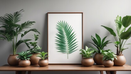 Poster - Fashionable and snug interior showcasing a retro table, a brown mock-up photo frame, and beautiful greenery in designer pots. Current home decor. Gray wall. Minimalism concept.